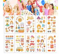 FHJBJA Groovy 70s Temporary Tattoos - 110 Pcs Flower Power Birthday Party Supplies, Good Vibes Only Favors, Smiley, Rainbow Arts and Crafts for Teens Adults
