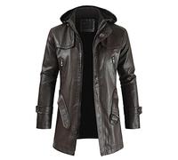 FHKGCD Men Winter Long Hooded Thick Fleece Leather Jacket Parkas Men Outwear Warm Leather Jackets Men 3Xl,Brown,XXL