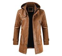FHKGCD Men Winter Long Hooded Thick Fleece Leather Jacket Parkas Men Outwear Warm Leather Jackets Men 3Xl,Yellow,3XL