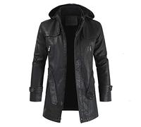 FHKGCD Men Winter Long Hooded Thick Fleece Leather Jacket Parkas Men Outwear Warm Leather Jackets Men 3Xl,Black,3XL