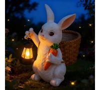 Fhlprte Garden Rabbit Ornament with Solar Lantern & Basket Planter, White Bunny Holding Carrot Resin Statue, Waterproof Solar LED Light, Outdoor Lawn Patio Flower Pot Decor, Novelty Garden Gift