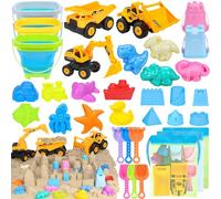 FHOZGECY Beach Toys, 35 Pieces Sandpit Toy, Sandpit Toy with 3 Trucks, 3 Foldable Beach Cubes, Sandcastle Toy Set, Various Shapes 50