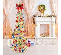 FHOZGECY Pop Up Collapsible Christmas Tree, 5FT with 30 LED Multicolor Lights, Tinsel Pencil Tree with Ball Bowknot Gift Box for Indoor, Party, Xmas, Home, Office Decor