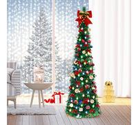 FHOZGECY Pop Up Collapsible Tree, 5FT with 30 LED Multi-Color Lights, Tinsel Pencil Tree with Ball Bowknot Gift Box for Indoor, Party, Xmas Home Decor
