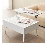 FHRKA Lift Top Coffee Table, Coffee Table Converts to Dining Table,4 Metal Legs Modern Rectangle High Gloss Waiting Area Table (White 100)