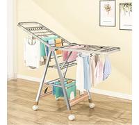 FHSLKXIM Floor Clothes Hanger Folding Clothes Hanger,Clothes Drying Rack For Laundry Foldable,With Four Universal Wheels,Foldable Drying Rack, Does Not Take Up Space,Silver,Wing length is 170cm