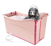 FHTONGE 49Gal/186L Collapsible Extra Large Dog Bathtub with Drainage, Thicken Portable Shower Bucket for Big Dog Indoor/Outdoor Bathing Camping, Freestanding Surround Pet Large Soaking Barrel Pink