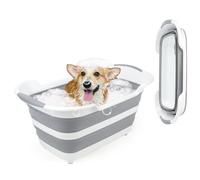 FHTONGE Elevated Collapsible Dog Bathtub with Drainage and Hair Catcher, 7.13 Gal/27L Multifunctional Pet Washtub for Small to Med Dog Cat, Portable Dogs Shower Basin Laundry Basket Storage Organize
