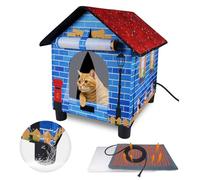 FHTONGE Elevated Heated Cat House for Outdoor Cats in Winter, Weatherproof Heating Feral Cat Shelter with 2 Mats, Collaspable Cat Kennel Insulated Stray Cat Hut for Outside Wild Small Animal Rabbit