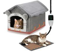 FHTONGE Heated Cat Bed House with Timer Temp Adjustment, Thermal Enclosed Kitten Beds Hideaway Machine Washable, Self-Warming Cozy Pet Nest Covered Beds Cave for Indoor Kitten Old Cat Puppy Small Dog