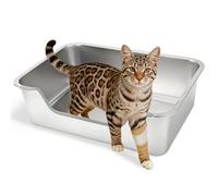 FHTONGE Low Entry Stainless Steel Cat Litter Box, Splash-Proof Hight Wall Metal Kitty Litter Box Kitten Toilet for Senior Arthritis Spay Injured Cats, 19.7X 13.8 in