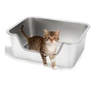 FHTONGE Low Entry Stainless Steel Cat Litter Box, Splash-Proof Hight Wall Metal Kitty Litter Box Kitten Toiletfor Senior Arthritis Spay Injured Cats, 15.8X 13.8 in
