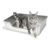 FHTONGE Low Entry Stainless Steel Cat Litter Box, Splash-Proof Hight Wall Metal Kitty Litter Box Kitten Toilet for Senior Arthritis Spay Injured Cats, 23.6 x 15.8 in