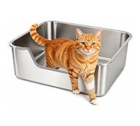 FHTONGE Low Entry Stainless Steel Cat Litter Box, Splash-Proof Hight Wall Metal Kitty Litter Box Kitten Toilet for Senior Arthritis Spay Injured Cats, 17.7X 13.8 in