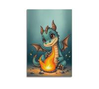 fhujgg Animal Poster A Baby Dragon Learning to Breathe Fire Poster Wall Art Canvas Aesthetic Cover Painting for Living Room Bed Room 16x24inch(40x60cm) Unframe-style