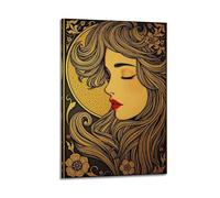 fhujgg Black Gold Hair Red Lips Ornate Poster Wall Art Canvas Aesthetic Cover Painting for Living Room Bed Room 24x36inch(60x90cm) Frame-style