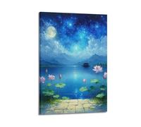 fhujgg Oil Painting Pink Lotuses Moon Lake Pavilion Poster Wall Art Canvas Aesthetic Cover Painting for Living Room Bed Room 20x30inch(50x75cm) Frame-style