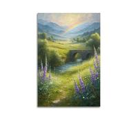 fhujgg Oil Painting Purple Flowers Bridge Rainbow Mountains Poster Wall Art Canvas Aesthetic Cover Painting for Living Room Bed Room 16x24inch(40x60cm) Unframe-style