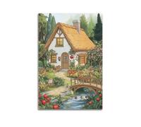 fhujgg Poster Illustration Thatched Cottage Flowers Stream Apple Tree Garden Animal Poster Wall Art Canvas Aesthetic Cover Painting for Living Room Bed Room 16x24inch(40x60cm) Unframe-style