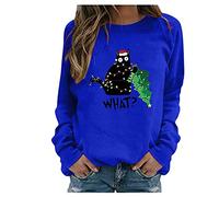 Fhuuly Women's Christmas Plaid Cat Print Long Sleeve T-Shirt Animal Pullover Colorblock Cute Sweatshirt Loose Jumper Blouse Tops, Xmas Gift for Ladies Girl (Christmas1-Blue, XL)