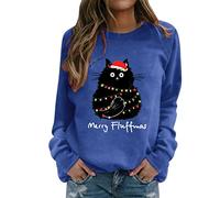 Fhuuly Women's Christmas Plaid Cat Print Long Sleeve T-Shirt Animal Pullover Colorblock Cute Sweatshirt Loose Jumper Blouse Tops, Xmas Gift for Ladies Girl (01-Blue, L)