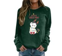 Fhuuly Women's Christmas Plaid Cat Print Long Sleeve T-Shirt Animal Pullover Colorblock Cute Sweatshirt Loose Jumper Blouse Tops, Xmas Gift for Ladies Girl (02-Green, L)