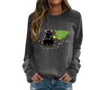 Fhuuly Women's Christmas Plaid Cat Print Long Sleeve T-Shirt Animal Pullover Colorblock Cute Sweatshirt Loose Jumper Blouse Tops, Xmas Gift for Ladies Girl (03-Grey, S)
