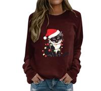 Fhuuly Women's Christmas Plaid Cat Print Long Sleeve T-Shirt Animal Pullover Colorblock Cute Sweatshirt Loose Jumper Blouse Tops, Xmas Gift for Ladies Girl (05-Wine, M)