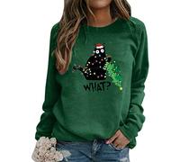 Fhuuly Women's Christmas Plaid Cat Print Long Sleeve T-Shirt Animal Pullover Colorblock Cute Sweatshirt Loose Jumper Blouse Tops, Xmas Gift for Ladies Girl (Christmas1-Green, XL)