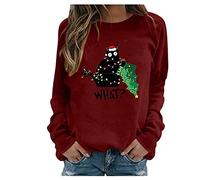 Fhuuly Women's Christmas Plaid Cat Print Long Sleeve T-Shirt Animal Pullover Colorblock Cute Sweatshirt Loose Jumper Blouse Tops, Xmas Gift for Ladies Girl (Christmas1-Red, S)