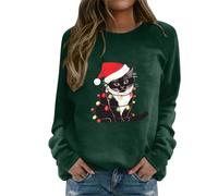Fhuuly Women's Christmas Plaid Cat Print Long Sleeve T-Shirt Animal Pullover Colorblock Cute Sweatshirt Loose Jumper Blouse Tops, Xmas Gift for Ladies Girl (05-Green, L)