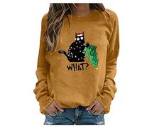 Fhuuly Women's Christmas Plaid Cat Print Long Sleeve T-Shirt Animal Pullover Colorblock Cute Sweatshirt Loose Jumper Blouse Tops, Xmas Gift for Ladies Girl (Christmas1-Khaki, M)