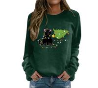 Fhuuly Women's Christmas Plaid Cat Print Long Sleeve T-Shirt Animal Pullover Colorblock Cute Sweatshirt Loose Jumper Blouse Tops, Xmas Gift for Ladies Girl (03-Green, M)