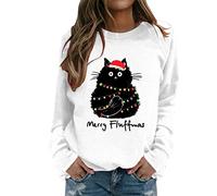 Fhuuly Women's Christmas Plaid Cat Print Long Sleeve T-Shirt Animal Pullover Colorblock Cute Sweatshirt Loose Jumper Blouse Tops, Xmas Gift for Ladies Girl (01-White, M)