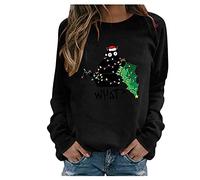 Fhuuly Women's Christmas Plaid Cat Print Long Sleeve T-Shirt Animal Pullover Colorblock Cute Sweatshirt Loose Jumper Blouse Tops, Xmas Gift for Ladies Girl (Christmas1-Black, XXL)