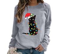 Fhuuly Women's Christmas Plaid Cat Print Long Sleeve T-Shirt Animal Pullover Colorblock Cute Sweatshirt Loose Jumper Blouse Tops, Xmas Gift for Ladies Girl (Gray,S)