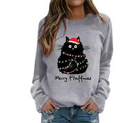 Fhuuly Women's Christmas Plaid Cat Print Long Sleeve T-Shirt Animal Pullover Colorblock Cute Sweatshirt Loose Jumper Blouse Tops, Xmas Gift for Ladies Girl (01-Grey, XL)