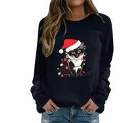 Fhuuly Women's Christmas Plaid Cat Print Long Sleeve T-Shirt Animal Pullover Colorblock Cute Sweatshirt Loose Jumper Blouse Tops, Xmas Gift for Ladies Girl (05-Dark Blue, XL)