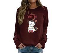 Fhuuly Women's Christmas Plaid Cat Print Long Sleeve T-Shirt Animal Pullover Colorblock Cute Sweatshirt Loose Jumper Blouse Tops, Xmas Gift for Ladies Girl (02-Red, XXL)