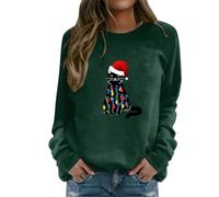 Fhuuly Women's Christmas Plaid Cat Print Long Sleeve T-Shirt Animal Pullover Colorblock Cute Sweatshirt Loose Jumper Blouse Tops, Xmas Gift for Ladies Girl (04-Green, S)