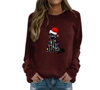Fhuuly Women's Christmas Plaid Cat Print Long Sleeve T-Shirt Animal Pullover Colorblock Cute Sweatshirt Loose Jumper Blouse Tops, Xmas Gift for Ladies Girl (04-Red, L)