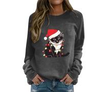 Fhuuly Women's Christmas Plaid Cat Print Long Sleeve T-Shirt Animal Pullover Colorblock Cute Sweatshirt Loose Jumper Blouse Tops, Xmas Gift for Ladies Girl (05-Grey, XXL)