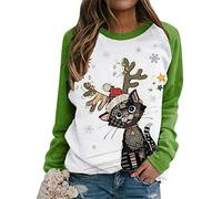 Fhuuly Women's Giraffe and Christmas Hat Print Long Sleeve T-Shirt Animal Pullover Colorblock Cute Sweatshirt Loose Jumper Blouse Tops, Xmas Gift for Ladies Girl (White,XL)