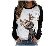 Fhuuly Women's Giraffe and Christmas Hat Print Long Sleeve T-Shirt Animal Pullover Colorblock Cute Sweatshirt Loose Jumper Blouse Tops, Xmas Gift for Ladies Girl (Black,S)