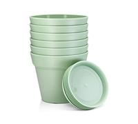 FHWTY 6 Pack Plastic Plant Pots with Drainage Holes and Tray, 4 inch Thickened Indoor Planters Seedlings Nursery Pots for Flowers, African Violet, Succulent and All House Plants, Green