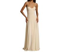 Fiacafyo Elegant Color Block Evening Gown Dress Low Cut Sleeveless Patchwork Pleated Maxi Dress for Women High Waist A Line Flowy Swing Dress (B-Creamy, L)