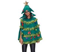 Fiacafyo Green Christmas Tree Poncho Costume Adult Bow Ball Decor Cloak Cape Funny Xmas Tree Cape for Cosplay Party (A-Green, S)