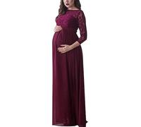 Fiacafyo Maternity Dress for Photography Solid Color Lace Off Shoulder Chiffon Gown Split Front Maxi Pregnancy Dresses for Photoshoot (A-Red, L)