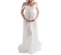 Fiacafyo Maternity Dress for Photography Solid Color Lace Off Shoulder Chiffon Gown Split Front Maxi Pregnancy Dresses for Photoshoot (B-White, M)