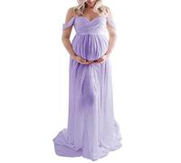 Fiacafyo Maternity Dress for Photography Solid Color Lace Off Shoulder Chiffon Gown Split Front Maxi Pregnancy Dresses for Photoshoot (B-Light Purple, M)